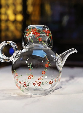 手绘雪柳精致一壶一杯玻璃茶具