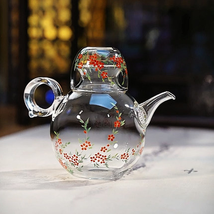 北大史玉见景德镇手绘雪柳玻璃泡茶壶高端轻奢花茶壶精致一人用壶