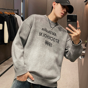 字母做破领口宽松针织衫 潮牌巴黎灰渐变毛衣男秋季 UGLY美式 MXD