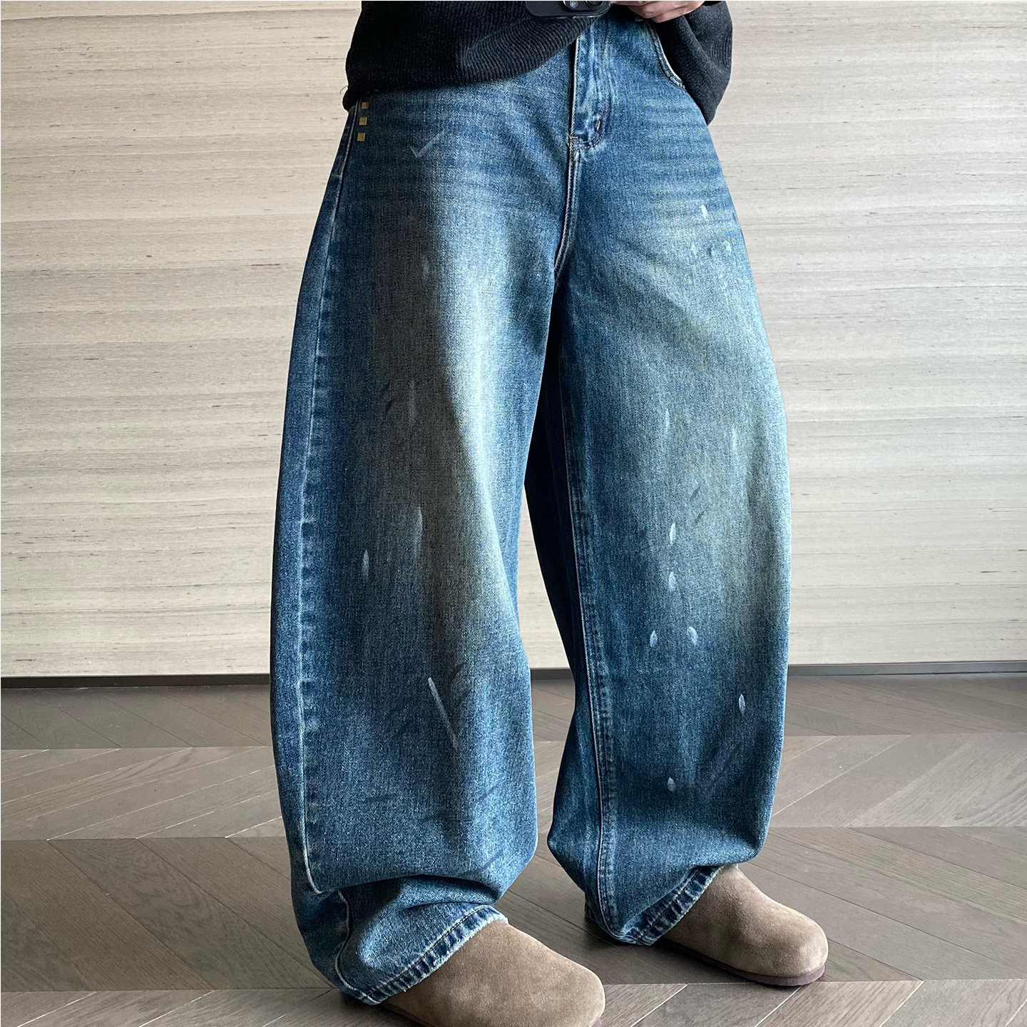 秋季潮牌美式水洗泼墨阔腿牛仔裤