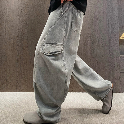 美式潮牌灰绿水洗弯刀薄款牛仔裤