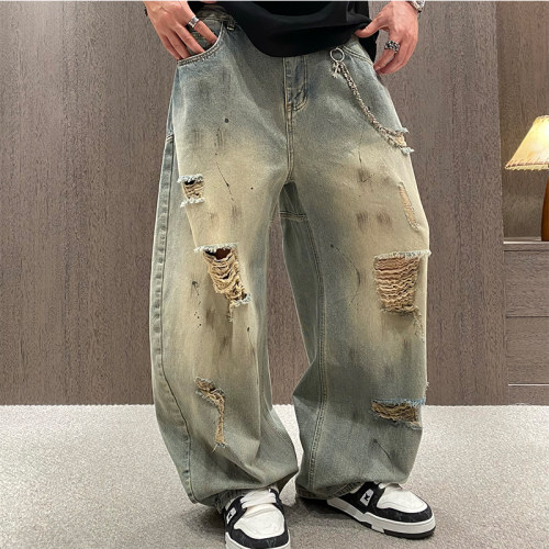 美式潮牌水洗做旧破洞阔腿牛仔裤