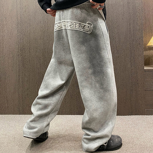 加厚梵文烧花卫裤 MXD 男冬季 潮牌脏灰宽松直筒运动裤 UGLY美式