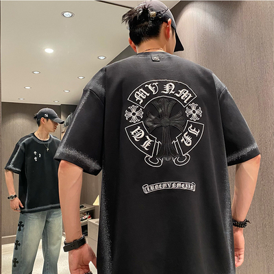 美式复古logo刺绣字母圆领短袖潮
