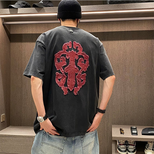 美式复古刺绣logo水洗黑潮牌短袖