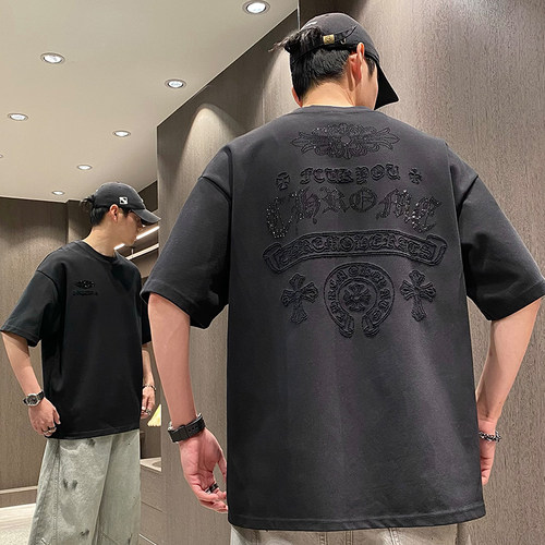 春夏高级感潮牌烧花烫钻logo短袖