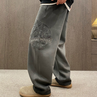 UGLY秋季 高街复古灰长裤 奢潮高级感烧花字母休闲裤 阔版 男美式 MXD