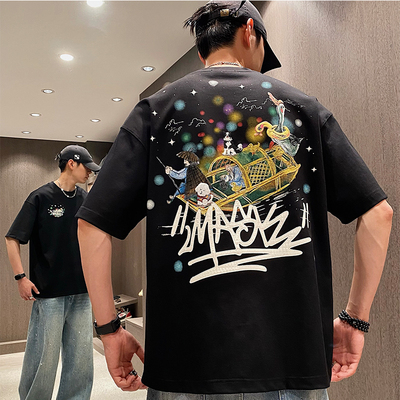 夏季梦幻星空涂鸦大字母刺绣短袖