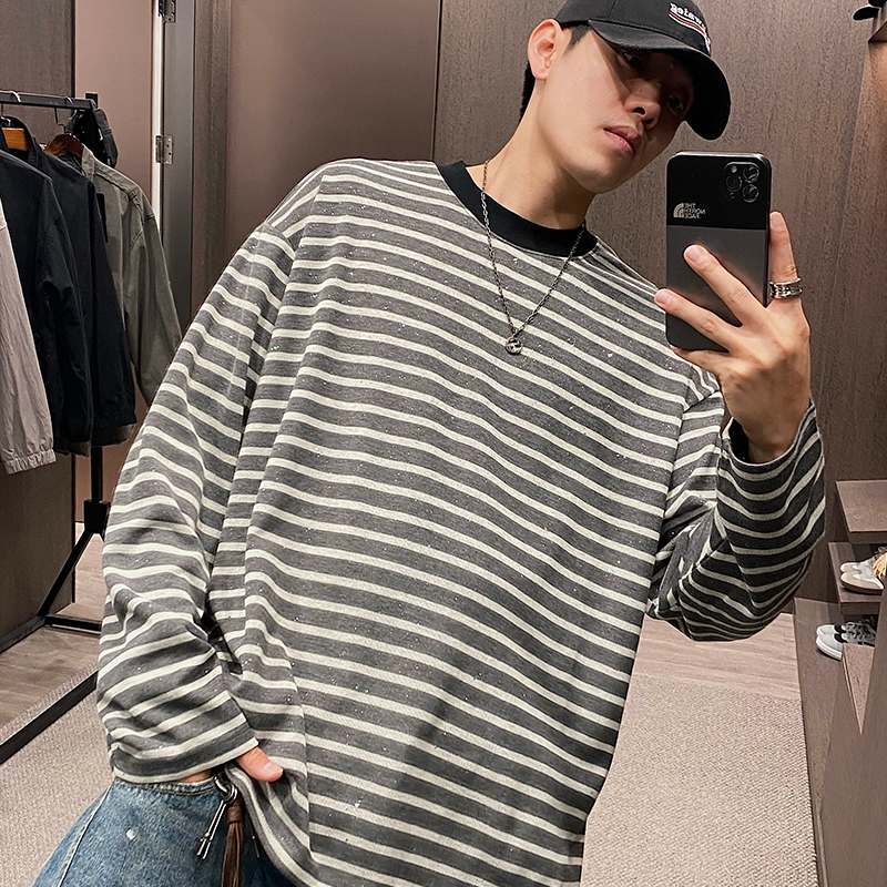 美式潮牌烫钻条纹宽松慵懒长袖T