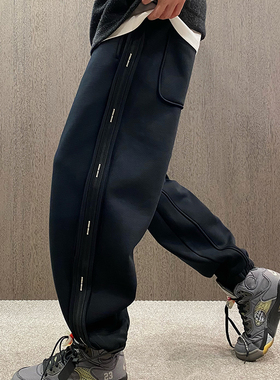 MXD UGLY冬季加绒加厚字母织带拼接运动裤男黑色哈伦痞帅束脚卫裤