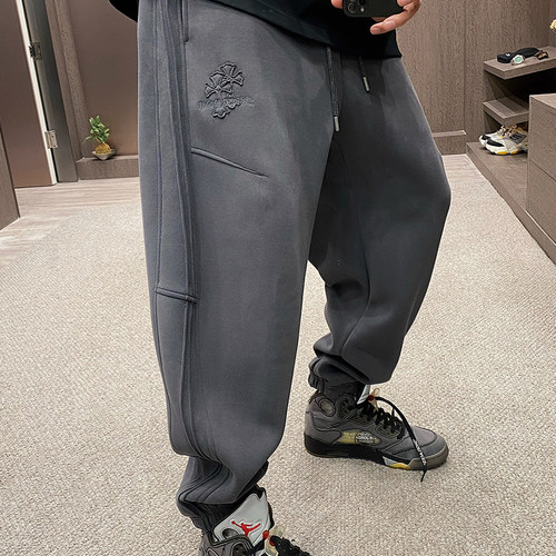 春季潮牌刺绣复古灰美式束脚裤男