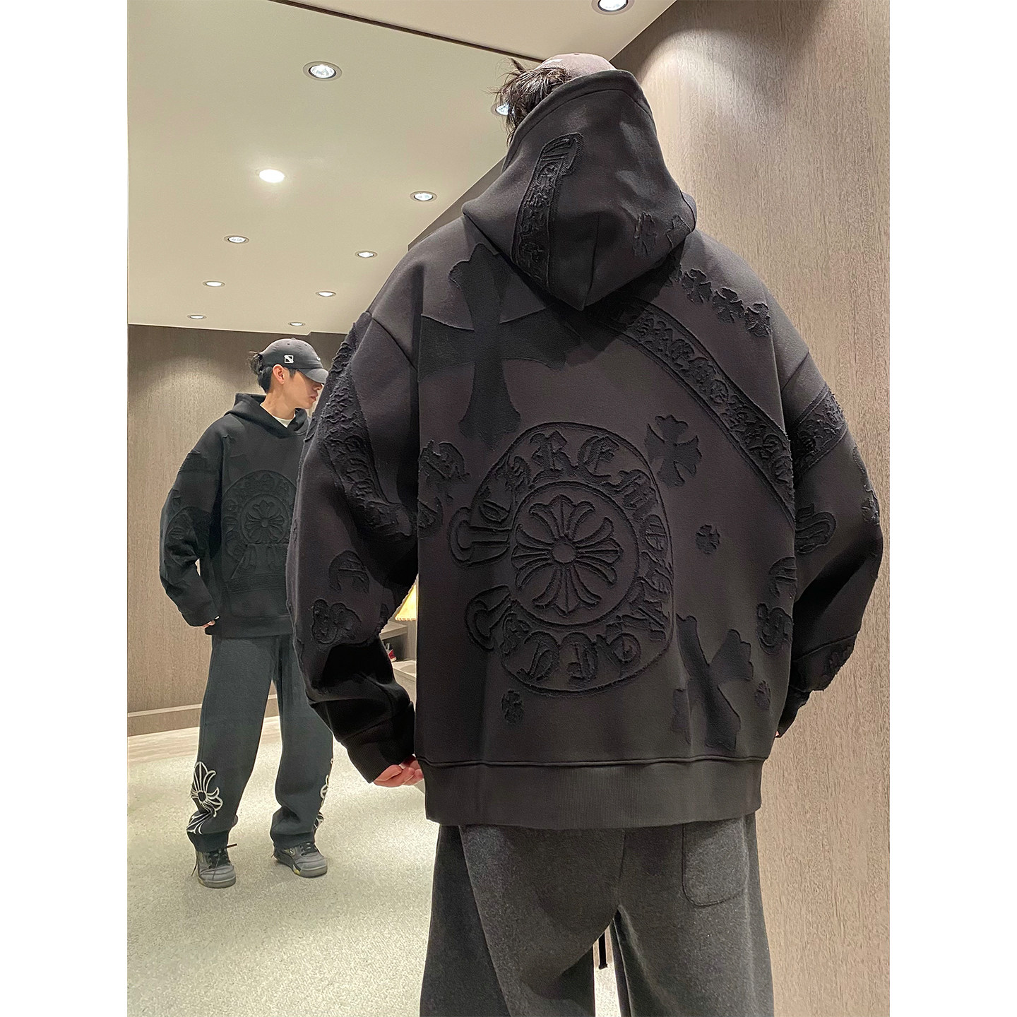 MXD UGLY潮牌复古烧花大logo重磅连帽卫衣男秋冬oversize情侣外套