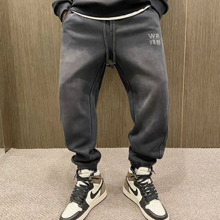 加绒复古字母印花松紧腰水洗运动裤 MXD 男秋冬季 潮牌卫裤 UGLY美式