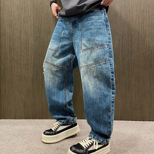 男复古做旧磨边痞帅休闲弯刀裤 潮牌水洗蓝破洞牛仔裤 UGLY美式 MXD