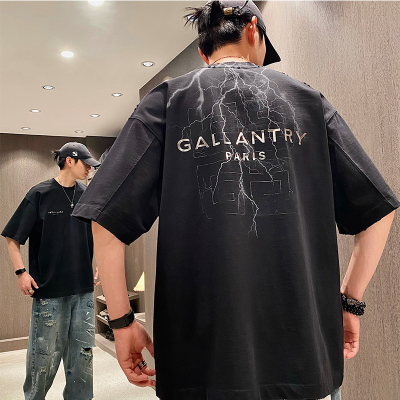 夏季潮牌雷电印花亮片字母短袖T