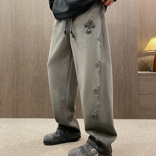 男加绒加厚运动裤 潮牌休闲裤 UGLY高级水洗烟灰色手工剪裁冬季 MXD