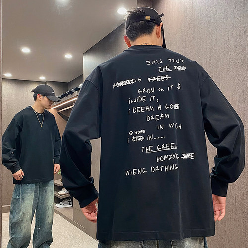 美式潮牌刺绣领扣背后字母长袖T