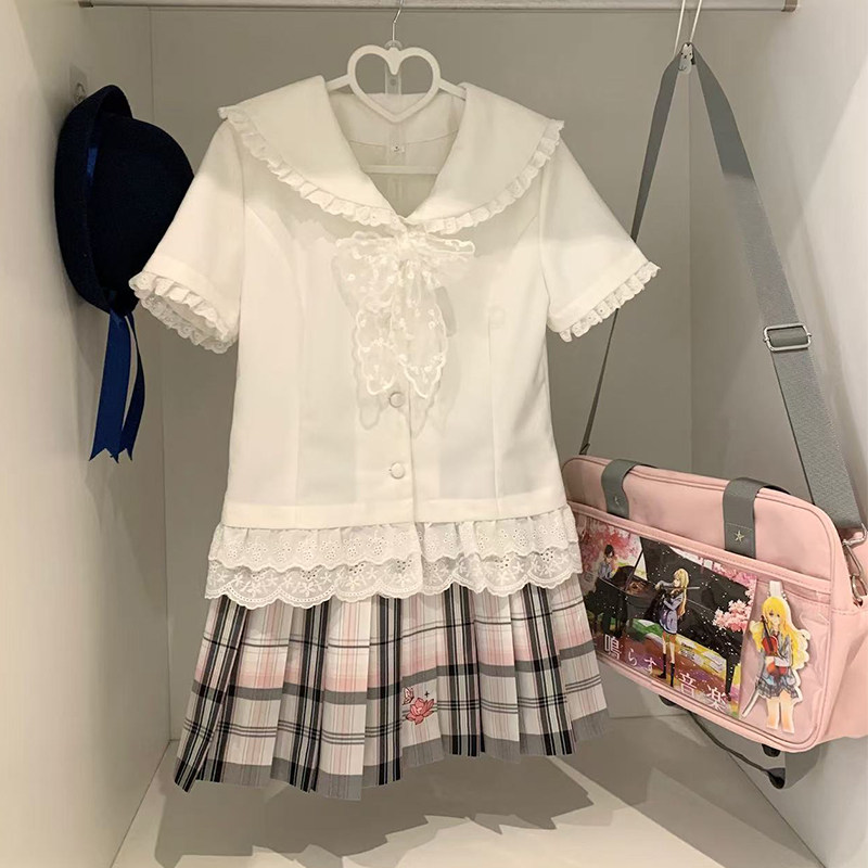 绊JK原创春夏季修身学院风甜美系JK制服短袖花边蕾丝衬衫