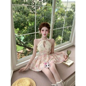 法式绝美碎花镂空挂脖连衣裙女夏季海边度假风公主纯欲收腰短裙子