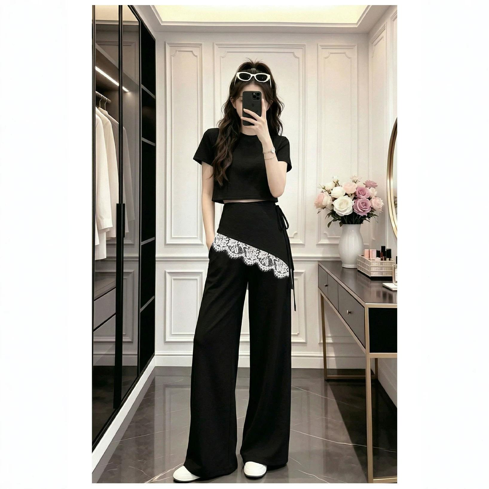 欧货灰色运动套装女夏季2026新款时尚洋气蕾丝拼接裤裙三件套显瘦