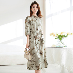 夏装新款气质洋气真丝桑蚕丝法式连衣裙桔梗收腰显瘦连衣裙子长裙