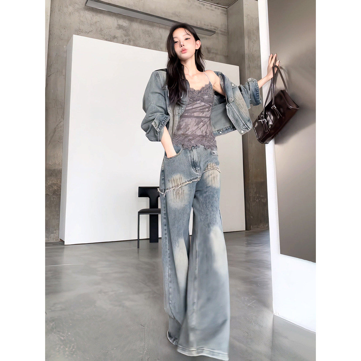 韩系复古辣妹风牛仔两件套短款夹克+高腰阔腿牛仔长裤设计感套装