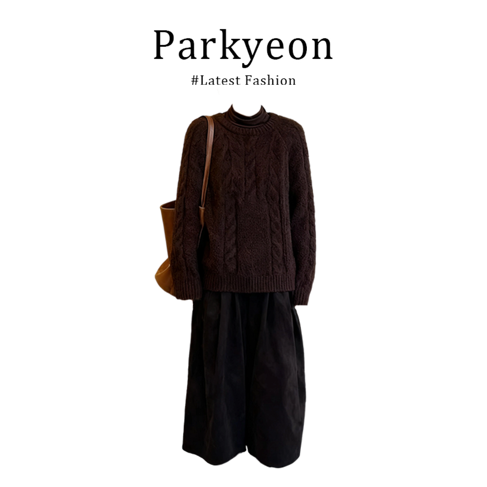 MARIECOCO韩系复古秋冬新款咖色麻花宽松长袖针织毛衣七分裤套装