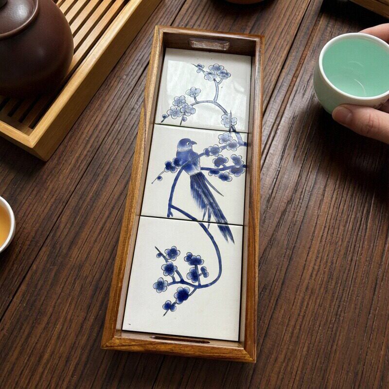 美式实木长方形窄长条手绘陶瓷托盘水杯茶具茶盘卫浴收纳欧式中式