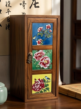实木首饰盒家用收纳盒立体浮雕手绘陶瓷画镶嵌桌面摆件复古整理盒
