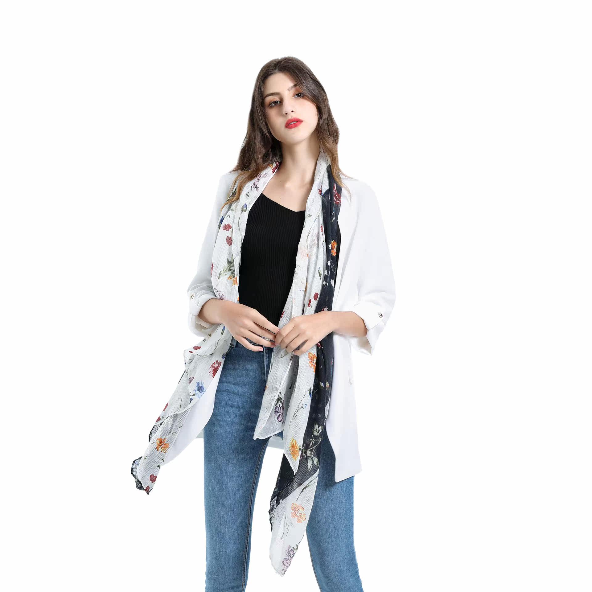 Europe and America Trend New products black and white Color matching Broken flowers fresh Light and thin Cotton and hemp scarf Sunscreen Shawlin the Children/Baby/Family fitted , Hat/Muffler/Masks/Gloves/Earmuffs/Booties , Muffler  category - from Buy2taobao.com to provide professional Taobao agent buy service
