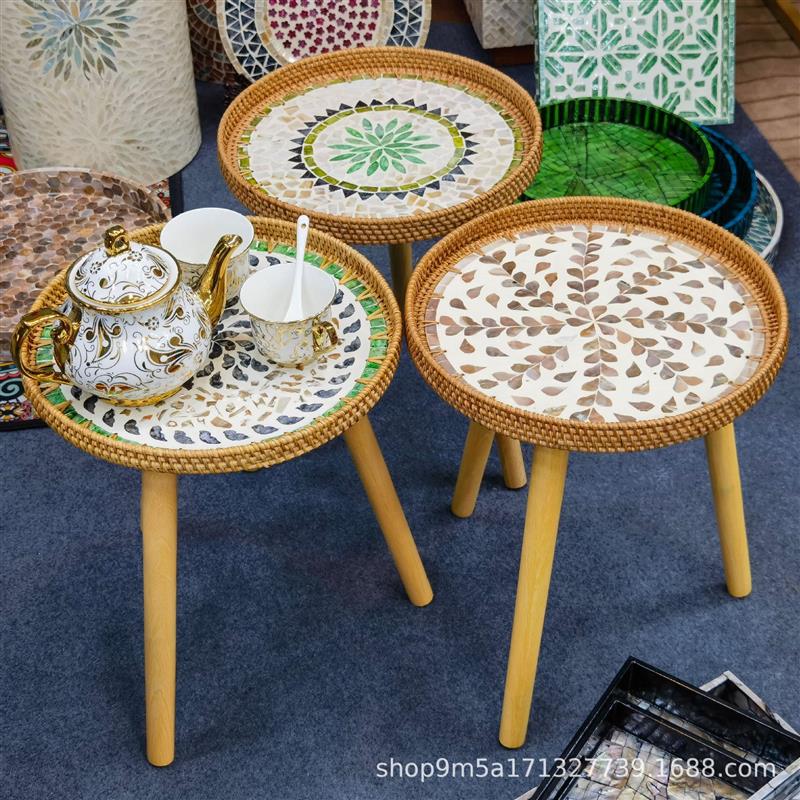 北欧风手工藤编贝壳小茶几