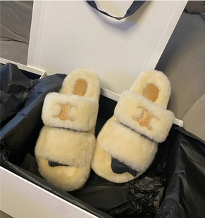 亏本清仓！！秋冬厚底一字带皮毛一体休闲百搭保暖外穿毛毛拖鞋女