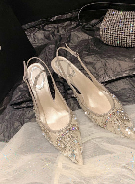 太美了、手工显质感！蕾丝水晶水钻高跟尖头包头凉鞋珍珠婚鞋女