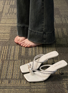 6cm显白又好看！夏季细跟高跟方头珍珠水钻套趾露趾方头凉拖鞋女