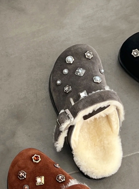 宝藏超甜！保暖又可爱！秋冬厚底增高宝石毛毛洞洞鞋勃肯包头半拖