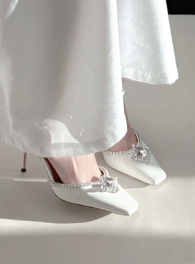 清仓价！白色细跟高跟方头水晶水钻法式两穿新娘备婚婚鞋凉鞋女