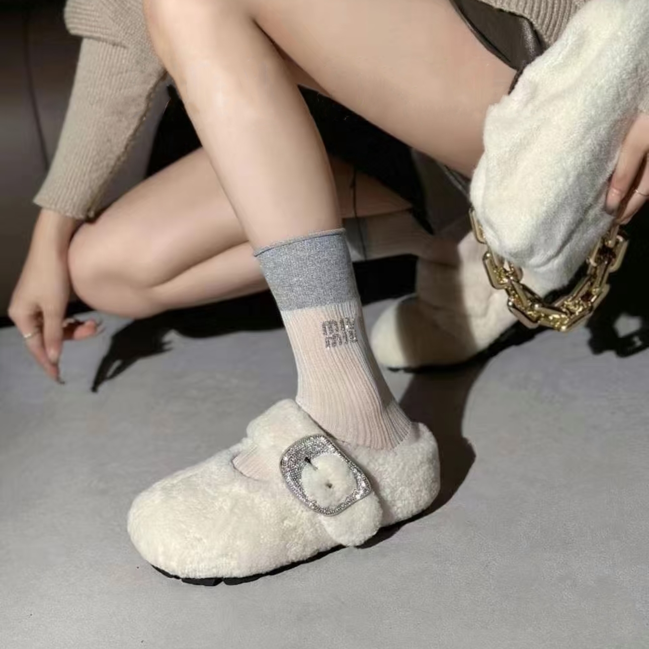 毛茸茸超闪秋冬保暖毛毛半拖鞋女