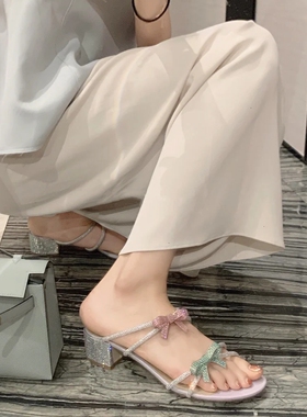 4cm缤纷色少女！粗跟中跟夏季蝴蝶结露趾水钻水晶外穿外穿凉拖鞋