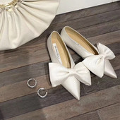 巨大蝴蝶结 女 休闲百搭浅口真皮单鞋 韩版 小香风尖头平底芭蕾舞鞋