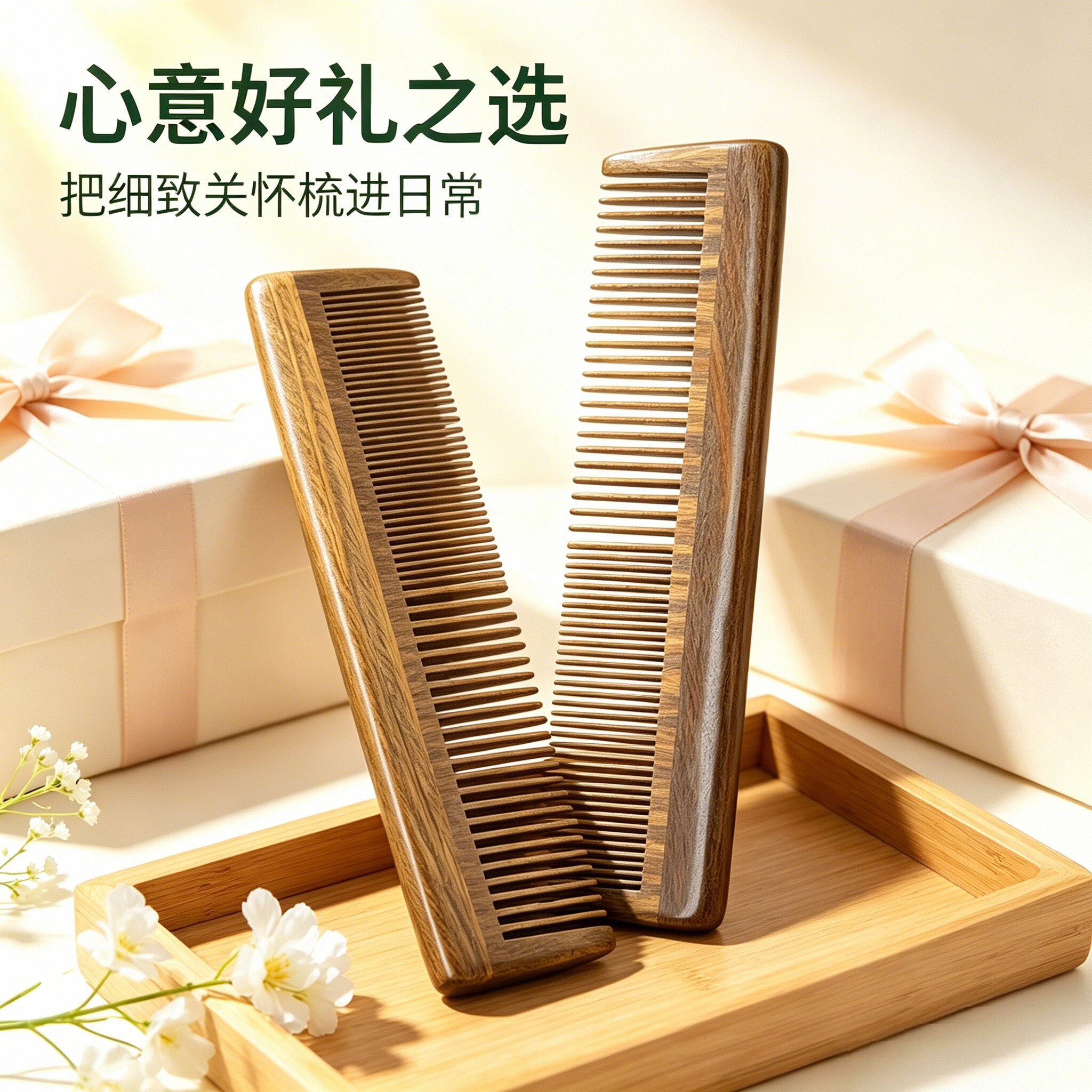 绿檀木梳密齿梳扎马尾直发梳子按摩梳宽齿卷发便携木梳两用送礼物