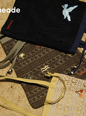 limeade回青 复古刺绣印花编织女包 海边度假风单肩包 双层帆布包