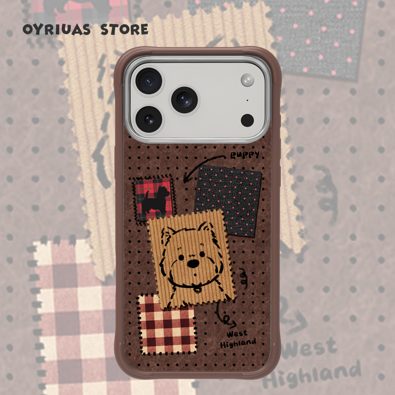 Oyriuas iphone17promax 美拉德色系可可波点小狗磨砂磁吸 液态硅胶可拆卸边框手机壳 抗指纹