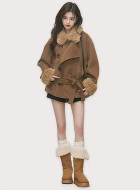 WESTAYONE毛领加厚毛呢大衣外套女士小个子高级+阔腿裤