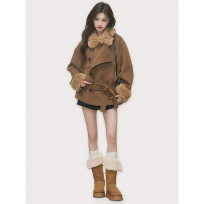 WESTAYONE毛领加厚毛呢大衣外套女士小个子高级+阔腿裤