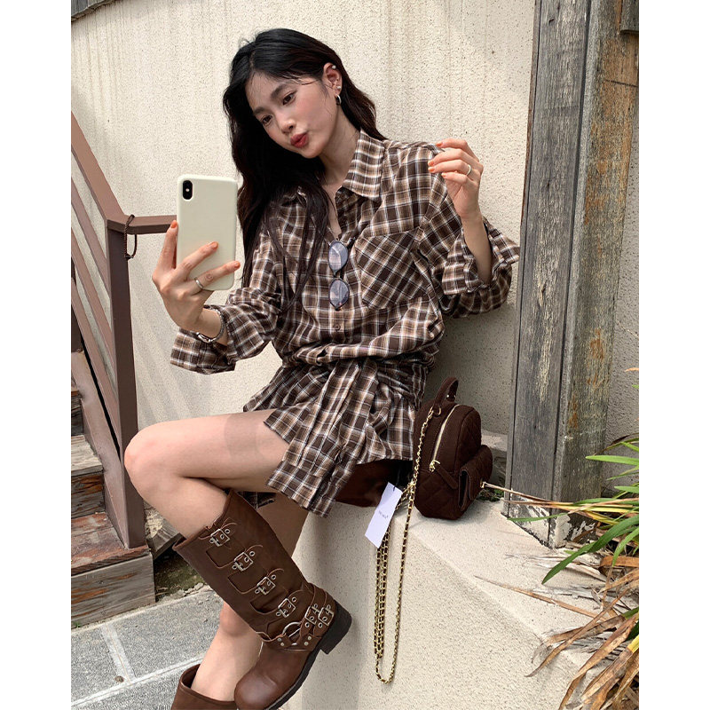 新款韩版时髦格子绑带衬衫长袖连衣裙复古简约设计感长袖