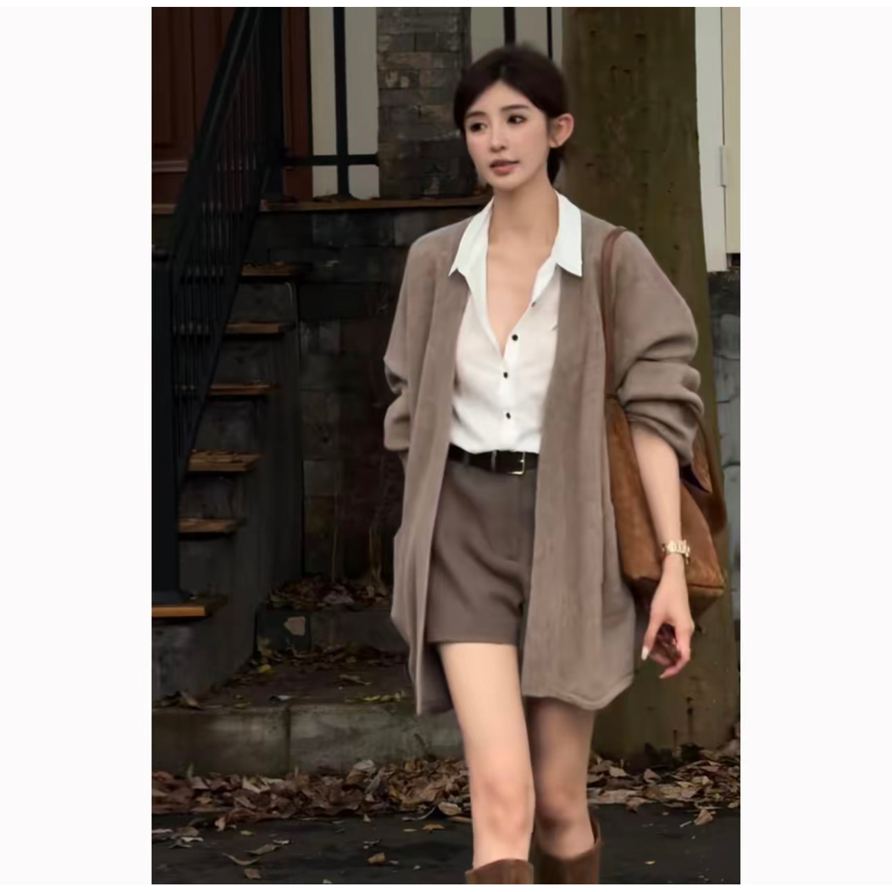 秋季一整套女装2025新款韩版中长款开衫外套白色衬衫高腰短裤套装