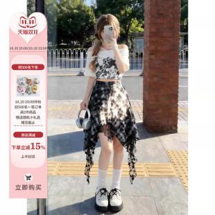 自然涩不规则黑色格子半身短裙女夏季音乐节亚文化穿搭爵士舞裙子