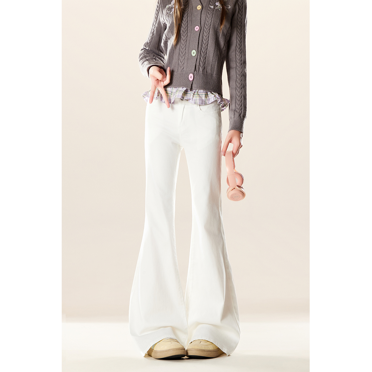 美式白色低腰微喇牛仔裤女秋冬