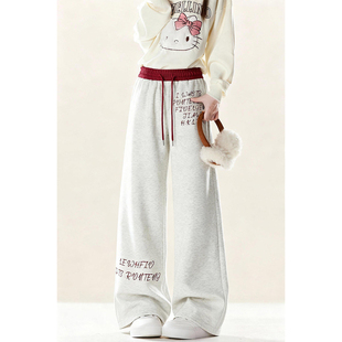 初中生假两件阔腿休闲长裤 女秋冬季 子 字母刺绣运动卫裤 自然涩美式