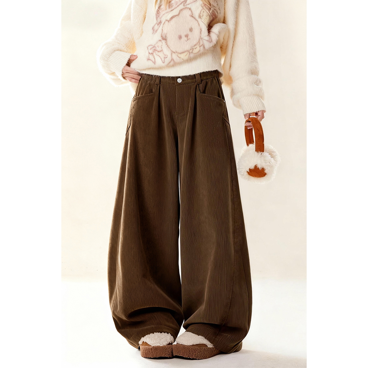 深棕色灯芯绒弯刀裤女款秋冬新款